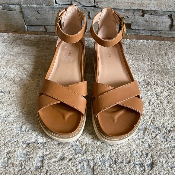 Cole Haan Fraya Platform Leather Sandals Ankle Strap Camel Tan Open Toe: 9B - Picture 2 of 10
